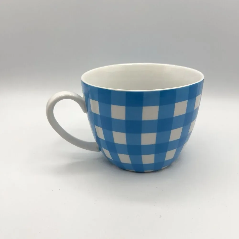Crate & Barrel Coffee Mug Cup Gingham Plaid Blue White